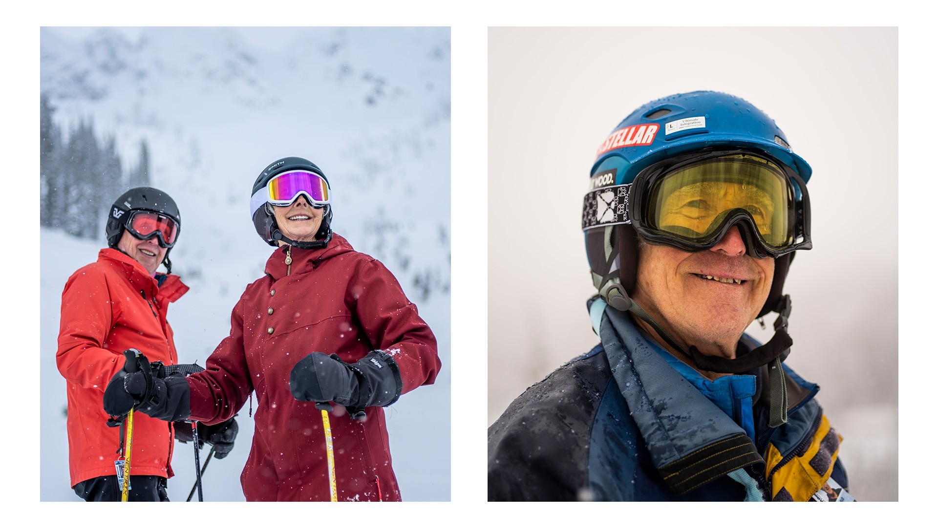 Two portraits of three “Silver Sliders”, who are skiing in British Columbia, Canada.
